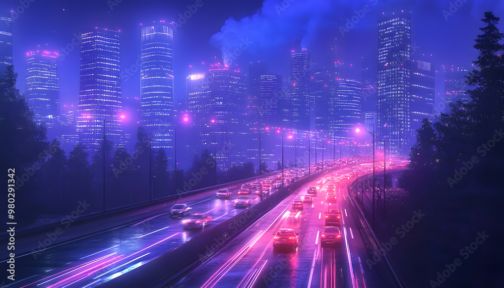 Obraz premium A bustling city at night, with skyscrapers illuminated and traffic creating streaks of light