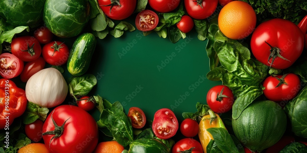 A vibrant arrangement of fresh vegetables including tomatoes, cucumbers, and greens around a blank space for text or design. A vibrant arrangement of fresh vegetables including tomatoes, cucumbers, and greens around a blank space for text or design.