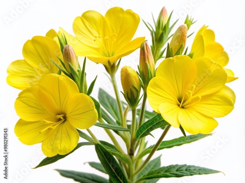 Delicate yellow petals of common evening primrose flowers with green stems and leaves isolated on a pure white background in sharp focus.