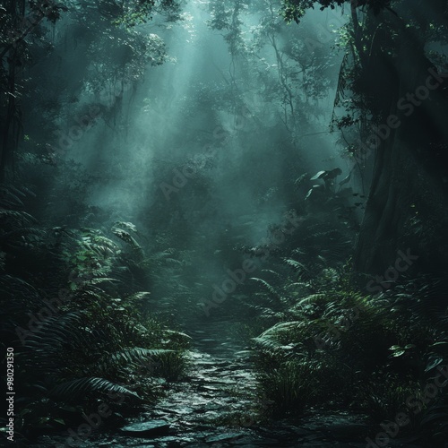 Mystic Jungle Path With Sunlight and Fog