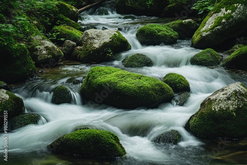 Smoky Mountain stream with mossy rocks with generative ai