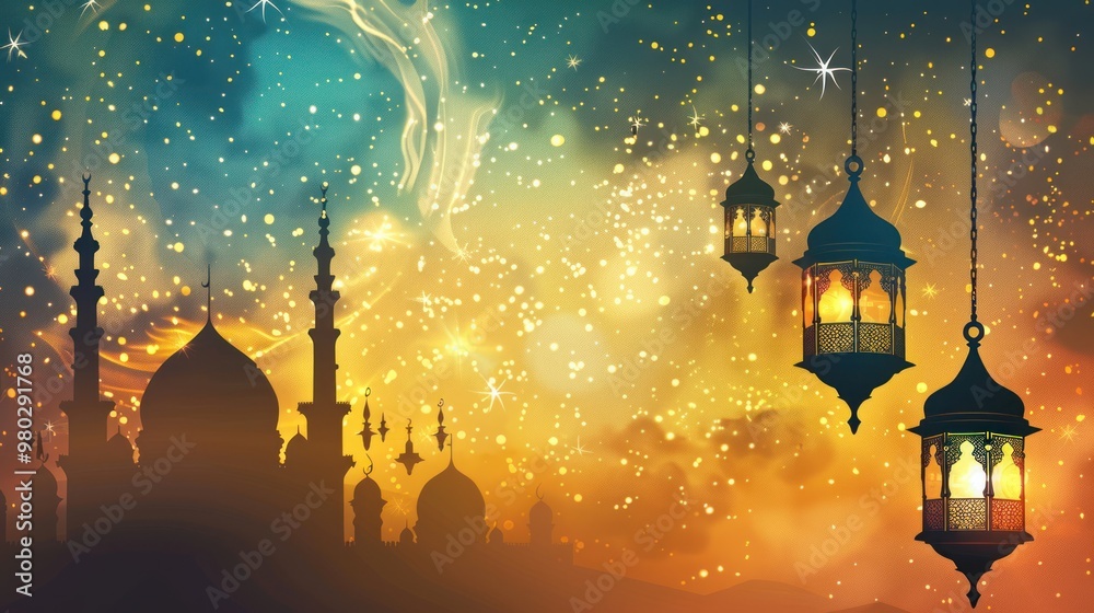Silhouettes of Mosques with Hanging Lanterns Against a Starry Night Sky Silhouettes of Mosques with Hanging Lanterns Against a Starry Night Sky