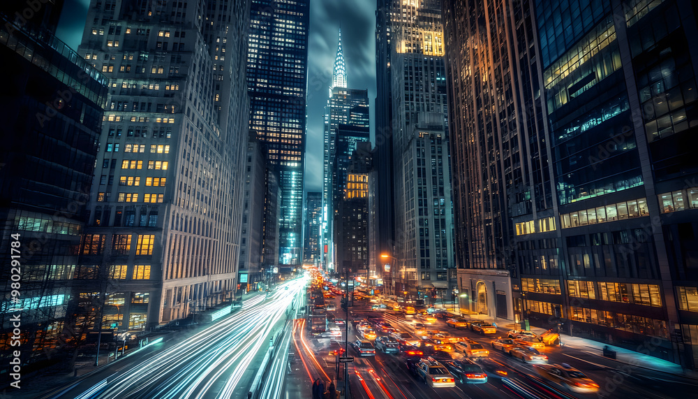 Naklejka premium A bustling city at night, with skyscrapers illuminated and traffic creating streaks of light