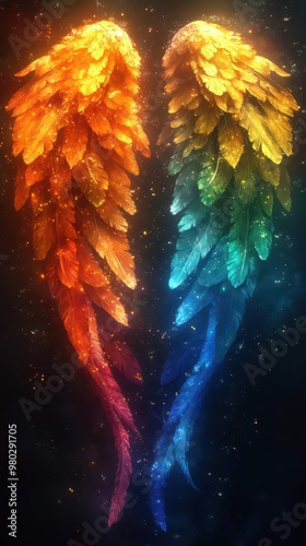 ethereal angel wings painted with vibrant rainbow colors glowing edges dark mystical background fantasy digital art style