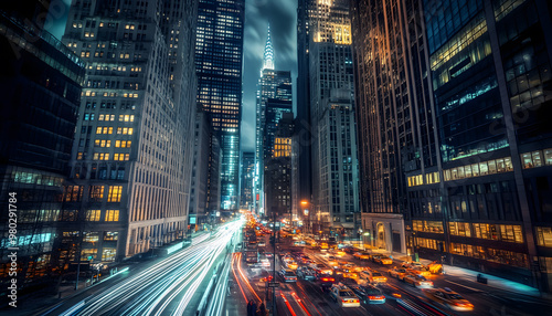 A bustling city at night, with skyscrapers illuminated and traffic creating streaks of light