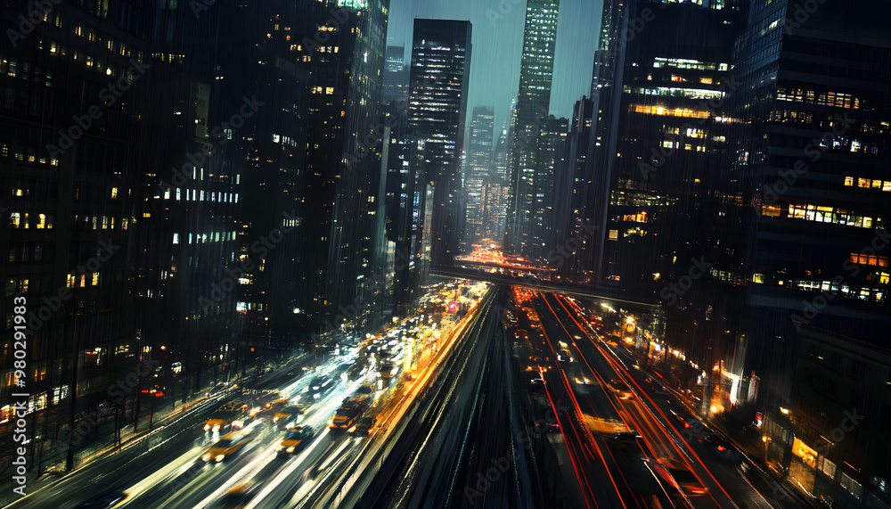 Naklejka premium A bustling city at night, with skyscrapers illuminated and traffic creating streaks of light