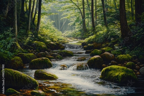 Smoky Mountain stream with mossy rocks with generative ai