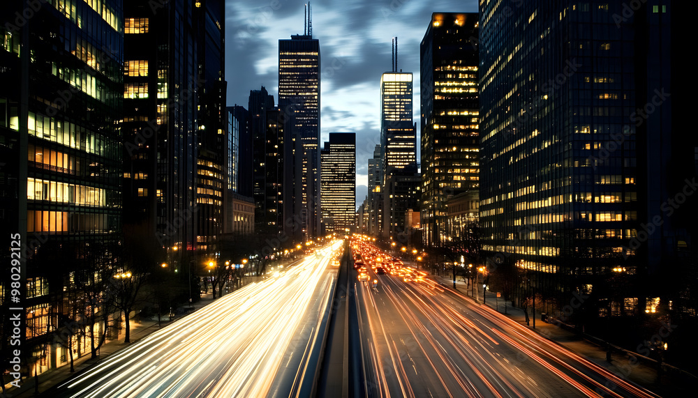 A bustling city at night, with skyscrapers illuminated and traffic creating streaks of light A bustling city at night, with skyscrapers illuminated and traffic creating streaks of light