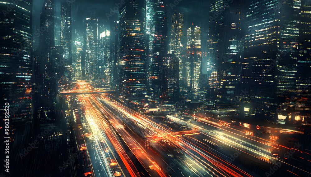 A bustling city at night, with skyscrapers illuminated and traffic creating streaks of light