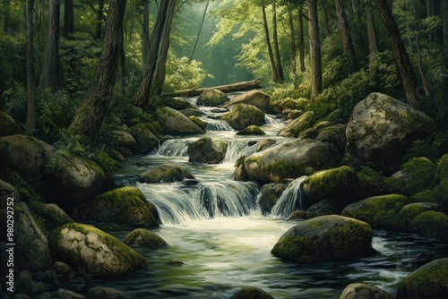 Smoky Mountain stream with mossy rocks with generative ai