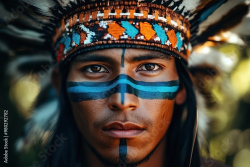 Portrait of a tribal man with face paint and traditional headdress.