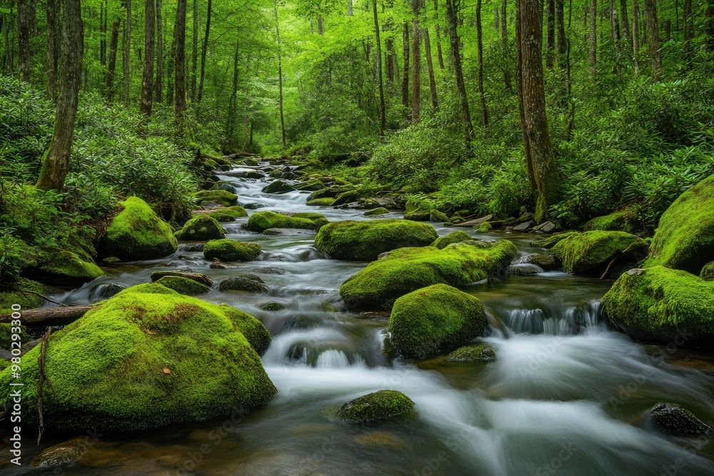 Smoky Mountain stream with mossy rocks with generative ai Smoky Mountain stream with mossy rocks with generative ai