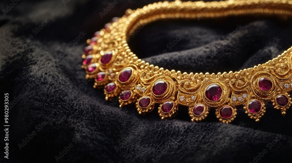 Obraz premium Gold necklace with rubies displayed on a dark velvet cloth with space for jewelry promotions