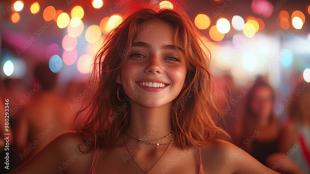 woman with a slender figure smiles joyfully, embracing the vibrant energy of a festival. Her carefree expression and confident presence symbolize freedom, beauty, and self-assurance in celebration woman with a slender figure smiles joyfully, embracing the vibrant energy of a festival. Her carefree expression and confident presence symbolize freedom, beauty, and self-assurance in celebration