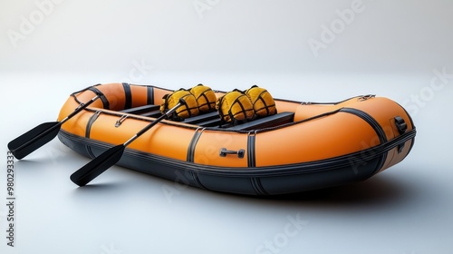 Inflatable raft with paddles and life vests for water activities.