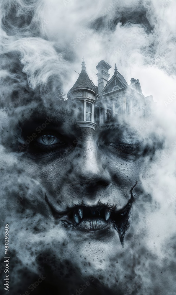 Ghostly Face Emerging from Fog Around Haunted Mansion Ghostly Face Emerging from Fog Around Haunted Mansion