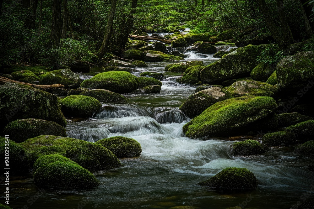Smoky Mountain stream with mossy rocks with generative ai Smoky Mountain stream with mossy rocks with generative ai
