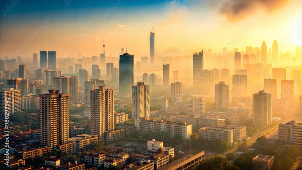 Fototapeta premium Urban cityscape with heavy smog contrasted by clear skies outside city, [air pollution], [urban environmental degradation].