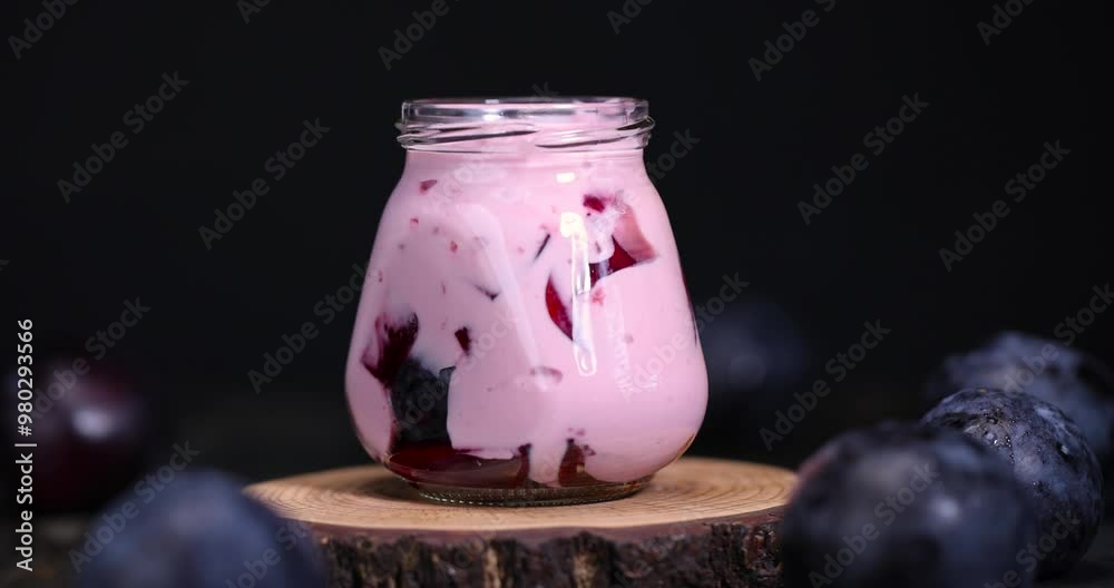 ripe plum fruits and plum-flavored yogurt, plum yogurt with slices and whole fruits on the table ripe plum fruits and plum-flavored yogurt, plum yogurt with slices and whole fruits on the table