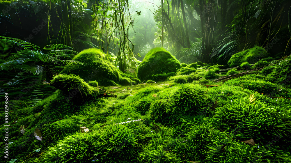 Moss in the rain forest in morning Moss in the rain forest in morning