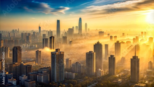 Urban cityscape with heavy smog contrasted by clear skies outside city, [air pollution], [urban environmental degradation].