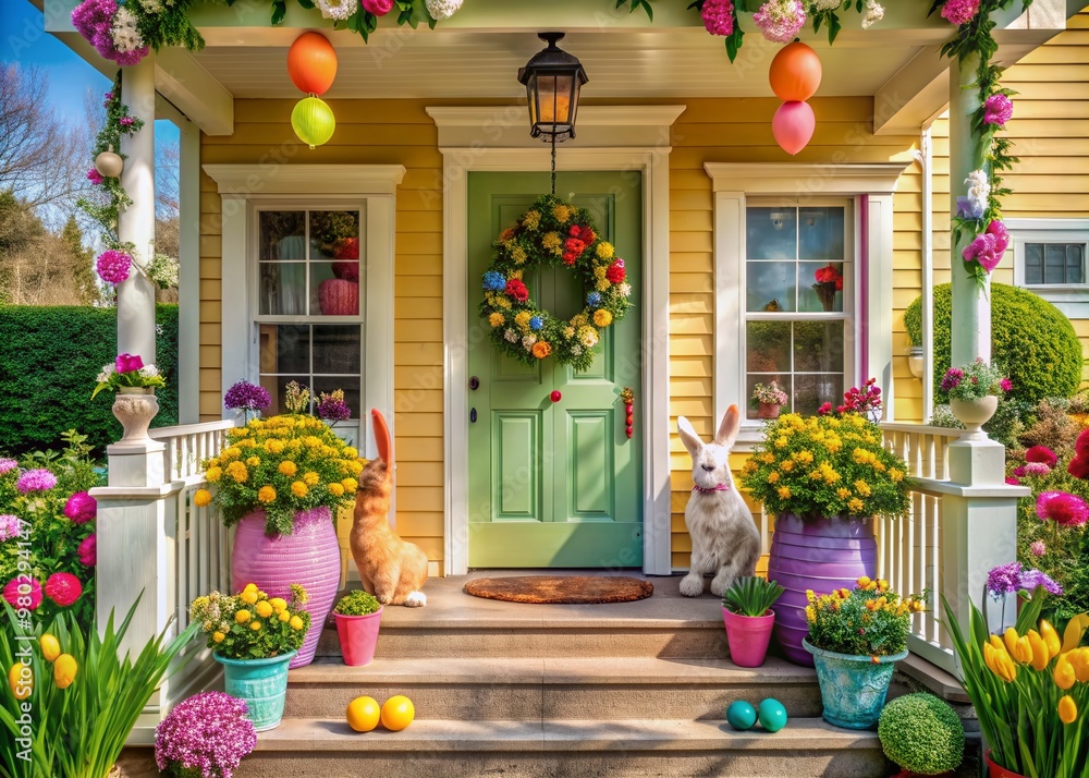 Obraz premium Vibrant Easter decorations adorn the porch of a charming house, featuring a beautiful door embellished with flowers, eggs, and bunnies, perfect for spring greetings.