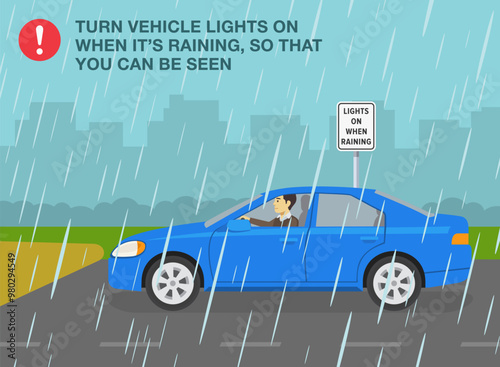 Safe car driving tips and rules. Driving on a rainy and slippery road. Side view of a car with turned on lights. Flat vector illustration template.