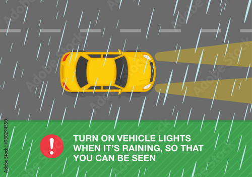 Safe car driving tips and rules. Driving on a rainy and slippery road. Turn on vehicle lights, so that you can be seen. Top view. Flat vector illustration template.