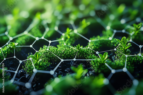 Close-up of lush green plants intertwined with molecular structure, symbolizing nature and science in harmony. photo