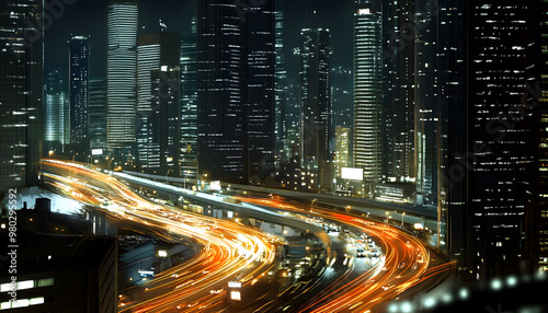 A bustling city at night, with skyscrapers illuminated and traffic creating streaks of light