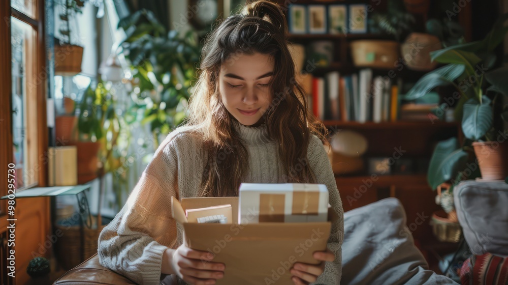 E-Commerce Businesswoman Packing Products for Delivery in Simple Living Room. Work from home concept E-Commerce Businesswoman Packing Products for Delivery in Simple Living Room. Work from home concept