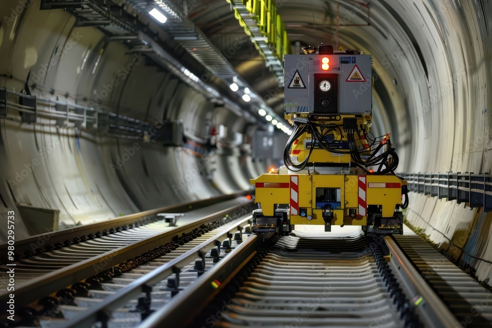 Fototapeta premium A railway maintenance vehicle operating in a dark tunnel, highlighting modern infrastructure and essential transport equipment.