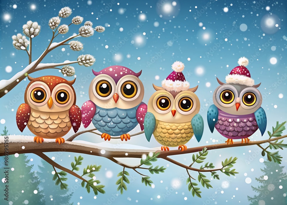 Fototapeta premium Lovely cute owl stand together on tree in Winter with snow. Image of animals. copy space for text.