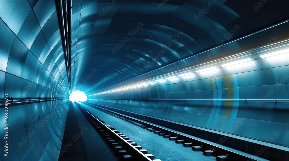 Obraz premium A stunning view of a modern tunnel with luminous blue lighting and railway tracks leading towards a bright exit.