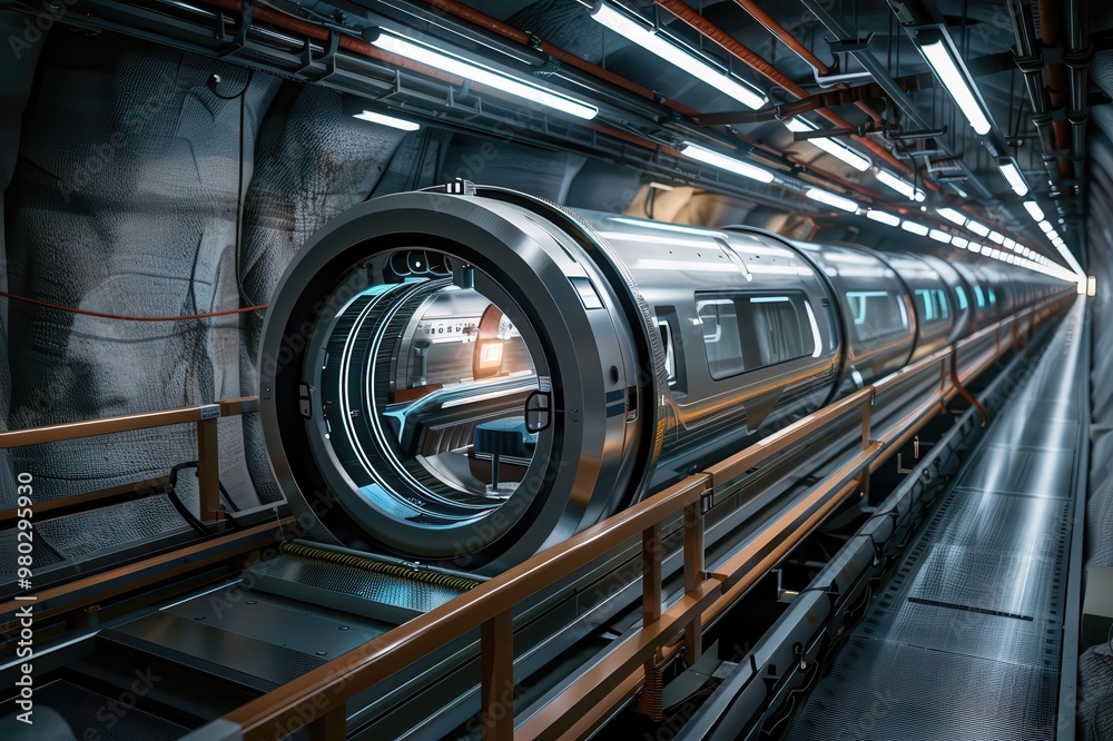 Fototapeta premium Futuristic transportation capsule in a sleek underground tunnel, showcasing advanced technology and innovative design.