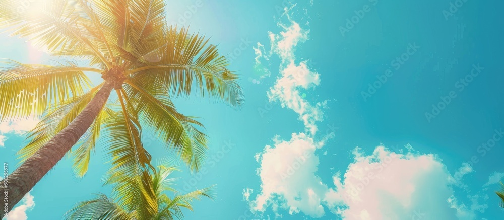 Palm Tree And Blue Sky With White Clouds And Sunlight Tropical Nature Idyllic Photo For Banner Template Coco Palms Top View Skyscape With Coconut Trees Exotic Island Vacation Day Green Palm Crown Palm Tree And Blue Sky With White Clouds And Sunlight Tropical Nature Idyllic Photo For Banner Template Coco Palms Top View Skyscape With Coconut Trees Exotic Island Vacation Day Green Palm Crown