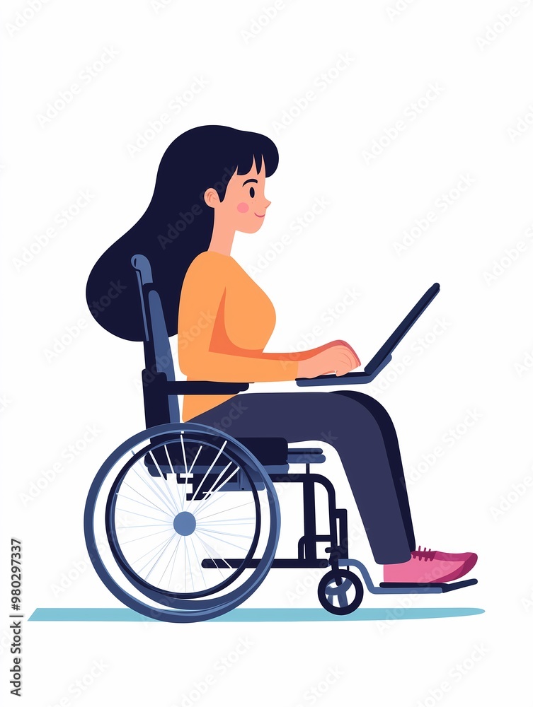 flat-style illustration, a young woman in a wheelchair, using digital drawing tablet, whtie background, the concept of a full life for people with low mobility and disabilities, support and help