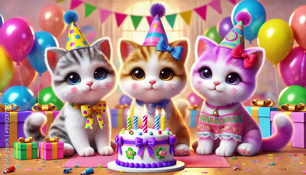 Celebrate birthdays with 3D happy birthday greeting cards featuring adorable cats, candles, and cakes, perfect for playful and creative backgrounds. Celebrate birthdays with 3D happy birthday greeting cards featuring adorable cats, candles, and cakes, perfect for playful and creative backgrounds.