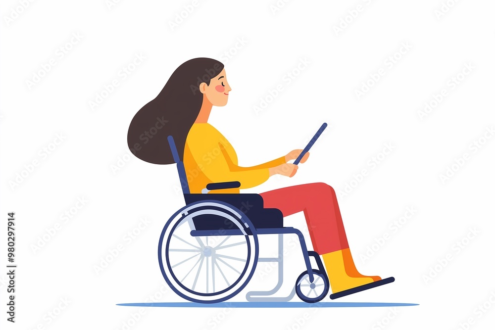 flat-style illustration, a young woman in a wheelchair, using digital drawing tablet, whtie background, the concept of a full life for people with low mobility and disabilities, support and help flat-style illustration, a young woman in a wheelchair, using digital drawing tablet, whtie background, the concept of a full life for people with low mobility and disabilities, support and help