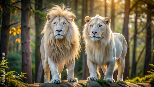 Majestic white lions, regal carnivores, stand united in terrestrial woods, their radiant fur glistening against the natural landscape, a stunning and serene wildlife encounter.