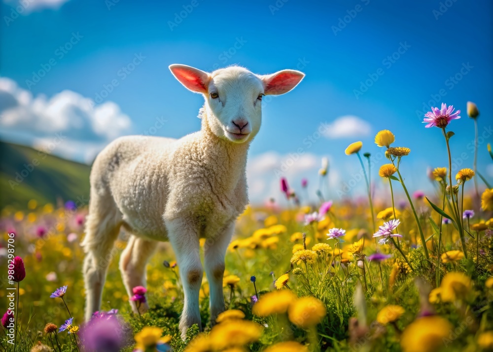 A gentle lamb grazes peacefully amidst vibrant wildflowers of yellow, pink, and blue in a lush green meadow under a clear blue sky. A gentle lamb grazes peacefully amidst vibrant wildflowers of yellow, pink, and blue in a lush green meadow under a clear blue sky.