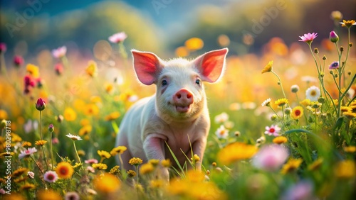 Adorable piglet frolics in a vibrant meadow surrounded by blooming flowers, radiating pure joy and innocence, perfect for celebrating love and friendship on special days.