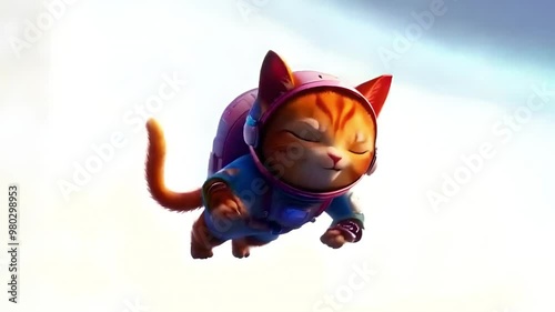 A vivid digital illustration depicting an astronaut cat hovering in space surrounded by colorful planets and stars. Video generative AI