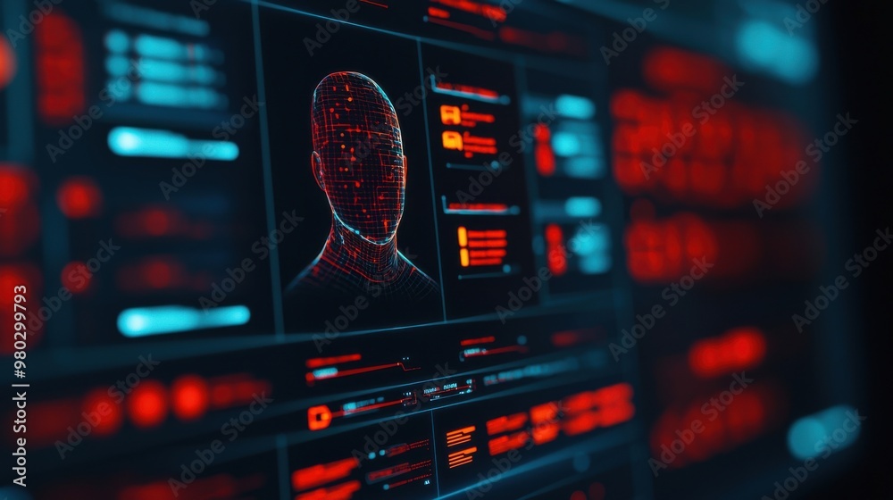 Futuristic interface displaying a digital face recognition system with red highlights and dynamic data visualizations. Futuristic interface displaying a digital face recognition system with red highlights and dynamic data visualizations.