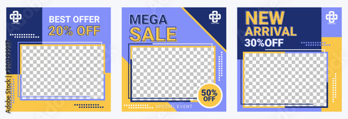 Set of Editable minimal square banner template. blue background color with geometric shapes for social media post, web ads, sale, photo template, promotion, discount, travel, sports, feed, story