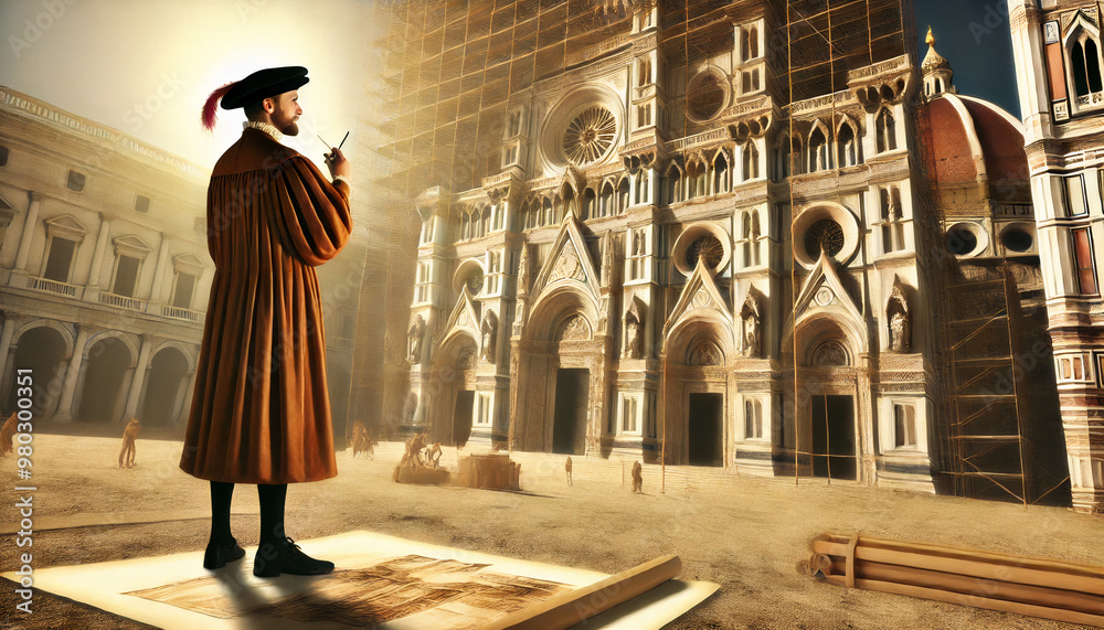 Naklejka premium A Renaissance architect in front of a grand cathedral under construction, studying blueprints with a thoughtful expression