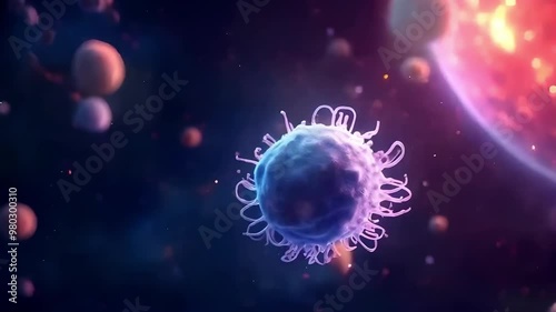 vivid digital illustration depicting a bacterium floating in space surrounded by colorful planets and stars. Video generative AI
