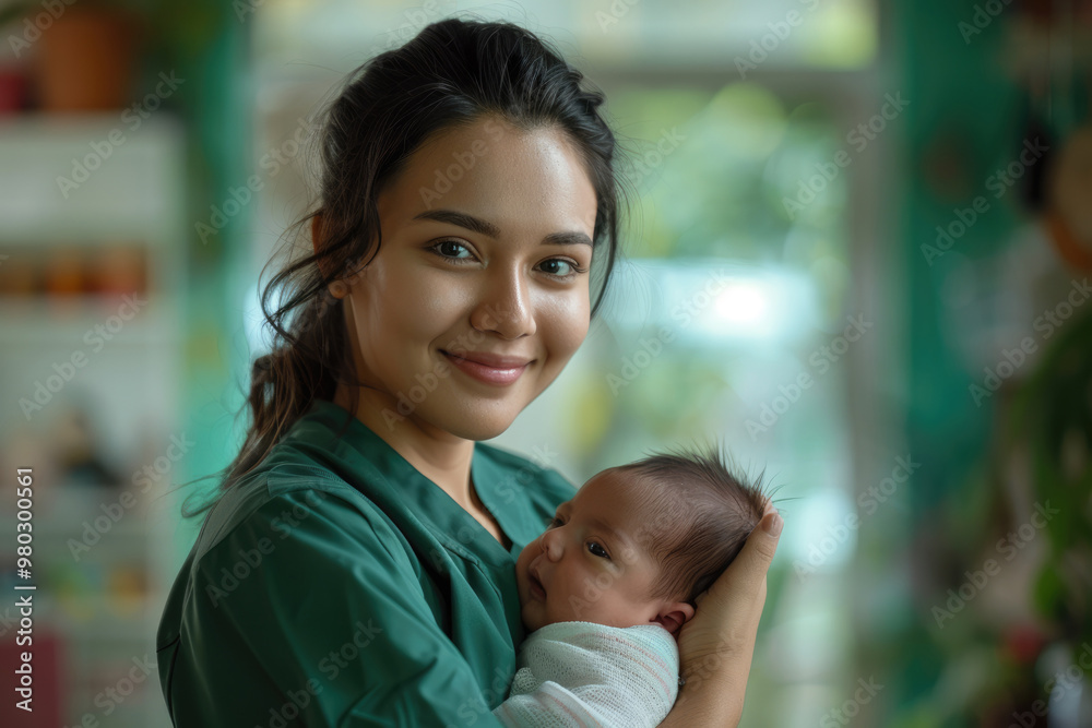 A young nurse holding a newborn baby A young nurse holding a newborn baby