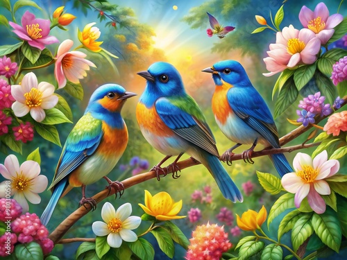 Vibrant blue birds with iridescent feathers perch on blooming branches adorned with delicate flowers in shades of pink, yellow, and orange, surrounded by lush greenery. photo