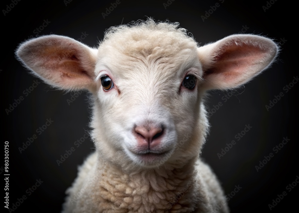 Adorable white lamb with fluffy fur and innocent eyes stares directly into the camera on a dramatic black background, showcasing its gentle nature. Adorable white lamb with fluffy fur and innocent eyes stares directly into the camera on a dramatic black background, showcasing its gentle nature.